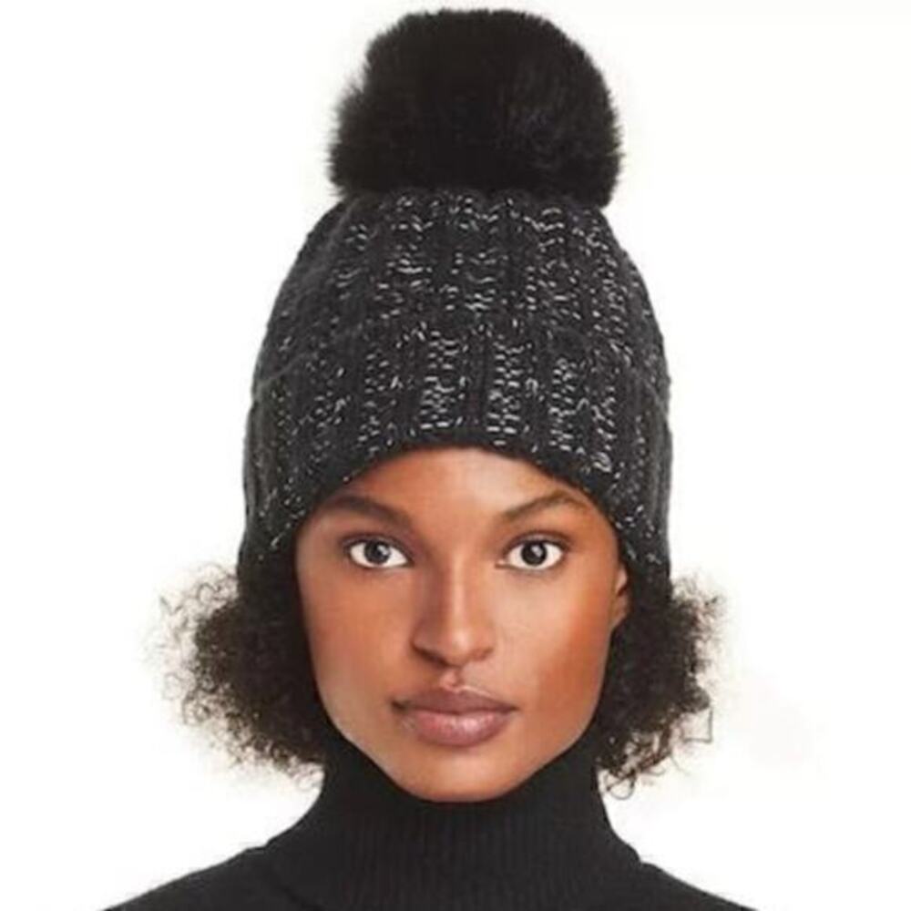 Kyi‎ Kyi Chunky Wool Blend Beanie with Faux Fur Pomona Black NWT